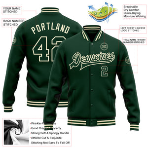 Custom Green Green-Cream Bomber Full-Snap Varsity Letterman Jacket