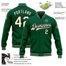 Load image into Gallery viewer, Custom Kelly Green Cream-Black Bomber Full-Snap Varsity Letterman Jacket
