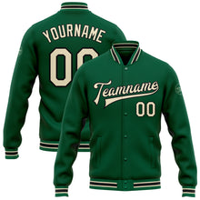 Load image into Gallery viewer, Custom Kelly Green Cream-Black Bomber Full-Snap Varsity Letterman Jacket
