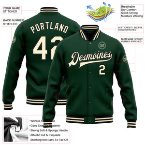 Custom Green Cream-Black Bomber Full-Snap Varsity Letterman Jacket