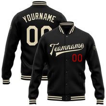 Load image into Gallery viewer, Custom Black Cream-Red Bomber Full-Snap Varsity Letterman Jacket
