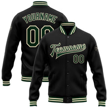 Load image into Gallery viewer, Custom Black Green-Cream Bomber Full-Snap Varsity Letterman Jacket

