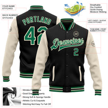 Load image into Gallery viewer, Custom Black Kelly Green-Cream Bomber Full-Snap Varsity Letterman Two Tone Jacket
