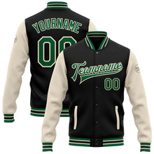 Load image into Gallery viewer, Custom Black Kelly Green-Cream Bomber Full-Snap Varsity Letterman Two Tone Jacket
