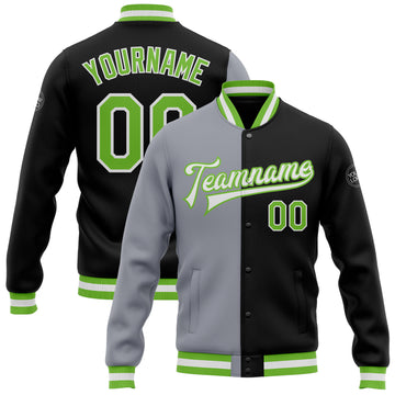 Custom Black Neon Green-Gray Bomber Full-Snap Varsity Letterman Split Fashion Jacket