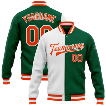 Custom Kelly Green Orange-White Bomber Full-Snap Varsity Letterman Split Fashion Jacket