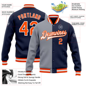 Custom Navy Orange-Gray Bomber Full-Snap Varsity Letterman Split Fashion Jacket