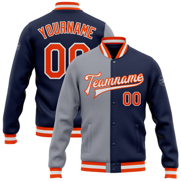 Custom Navy Orange-Gray Bomber Full-Snap Varsity Letterman Split Fashion Jacket