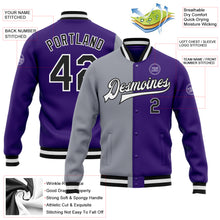 Load image into Gallery viewer, Custom Purple Black-Gray Bomber Full-Snap Varsity Letterman Split Fashion Jacket
