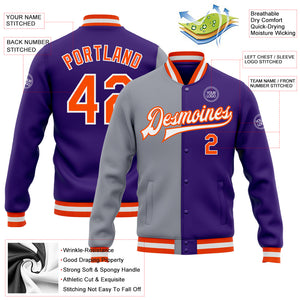 Custom Purple Orange-Gray Bomber Full-Snap Varsity Letterman Split Fashion Jacket