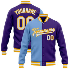 Load image into Gallery viewer, Custom Purple White Light Blue-Gold Bomber Full-Snap Varsity Letterman Split Fashion Jacket
