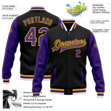 Load image into Gallery viewer, Custom Black Purple-Gold Bomber Full-Snap Varsity Letterman Two Tone Jacket
