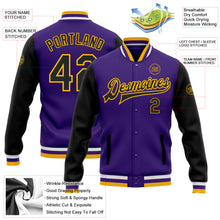 Load image into Gallery viewer, Custom Purple Black-Gold Bomber Full-Snap Varsity Letterman Two Tone Jacket
