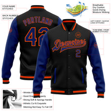 Load image into Gallery viewer, Custom Black Royal-Orange Bomber Full-Snap Varsity Letterman Two Tone Jacket
