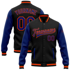 Custom Black Royal-Orange Bomber Full-Snap Varsity Letterman Two Tone Jacket