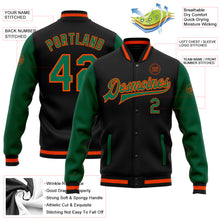 Load image into Gallery viewer, Custom Black Kelly Green-Orange Bomber Full-Snap Varsity Letterman Two Tone Jacket
