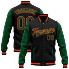 Load image into Gallery viewer, Custom Black Kelly Green-Orange Bomber Full-Snap Varsity Letterman Two Tone Jacket
