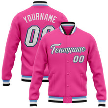 Load image into Gallery viewer, Custom Pink White Black-Light Blue Bomber Full-Snap Varsity Letterman Jacket

