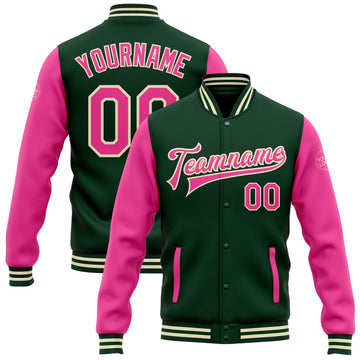 Custom Green Pink-Cream Bomber Full-Snap Varsity Letterman Two Tone Jacket