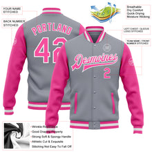 Load image into Gallery viewer, Custom Gray Pink-White Bomber Full-Snap Varsity Letterman Two Tone Jacket

