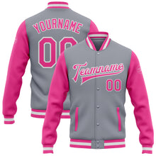 Load image into Gallery viewer, Custom Gray Pink-White Bomber Full-Snap Varsity Letterman Two Tone Jacket

