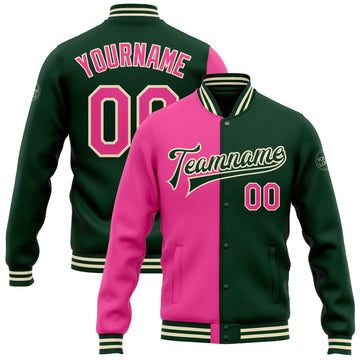 Custom Green Pink-Cream Bomber Full-Snap Varsity Letterman Split Fashion Jacket