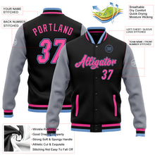 Load image into Gallery viewer, Custom Black Pink Gray-Light Blue Bomber Full-Snap Varsity Letterman Two Tone Jacket
