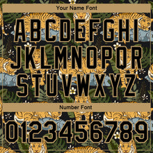 Load image into Gallery viewer, Custom Black Black-Old Gold Tropical Tiger With Palms 3D Pattern Design Bomber Full-Snap Varsity Letterman Jacket
