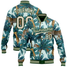 Load image into Gallery viewer, Custom Green Cream Tropical Tiger And Giraffe With Palms 3D Pattern Design Bomber Full-Snap Varsity Letterman Jacket
