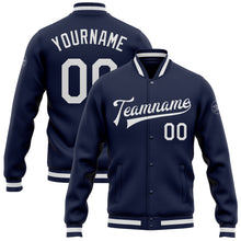 Load image into Gallery viewer, Custom Navy White Bomber Full-Snap Varsity Letterman Jacket
