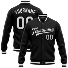 Load image into Gallery viewer, Custom Black White Bomber Full-Snap Varsity Letterman Jacket

