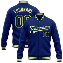 Load image into Gallery viewer, Custom Royal Green-Cream Bomber Full-Snap Varsity Letterman Jacket
