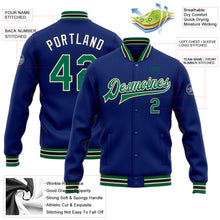 Load image into Gallery viewer, Custom Royal Kelly Green Cream-Black Bomber Full-Snap Varsity Letterman Jacket
