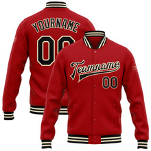 Load image into Gallery viewer, Custom Red Black-Cream Bomber Full-Snap Varsity Letterman Jacket
