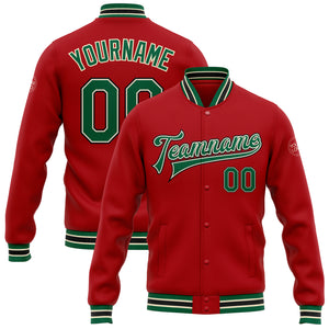 Custom Red Kelly Green Cream-Black Bomber Full-Snap Varsity Letterman Jacket