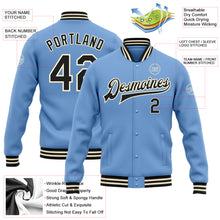 Load image into Gallery viewer, Custom Light Blue Black-Cream Bomber Full-Snap Varsity Letterman Jacket
