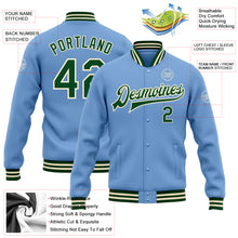 Load image into Gallery viewer, Custom Light Blue Green-Cream Bomber Full-Snap Varsity Letterman Jacket
