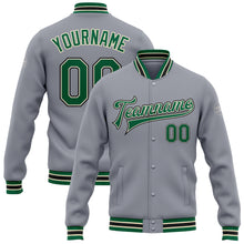 Load image into Gallery viewer, Custom Gray Kelly Green Cream-Black Bomber Full-Snap Varsity Letterman Jacket
