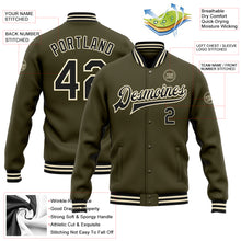 Load image into Gallery viewer, Custom Olive Black-Cream Bomber Full-Snap Varsity Letterman Salute To Service Jacket
