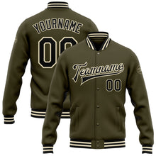 Load image into Gallery viewer, Custom Olive Black-Cream Bomber Full-Snap Varsity Letterman Salute To Service Jacket
