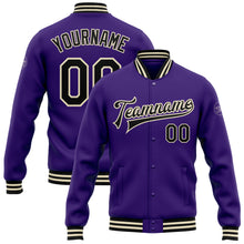 Load image into Gallery viewer, Custom Purple Black-Cream Bomber Full-Snap Varsity Letterman Jacket
