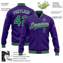 Load image into Gallery viewer, Custom Purple Kelly Green Cream-Black Bomber Full-Snap Varsity Letterman Jacket

