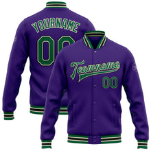 Load image into Gallery viewer, Custom Purple Kelly Green Cream-Black Bomber Full-Snap Varsity Letterman Jacket
