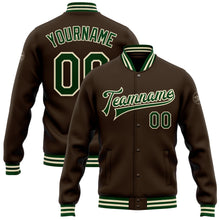 Load image into Gallery viewer, Custom Brown Green-Cream Bomber Full-Snap Varsity Letterman Jacket
