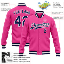Load image into Gallery viewer, Custom Pink Navy-White Bomber Full-Snap Varsity Letterman Jacket

