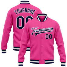 Load image into Gallery viewer, Custom Pink Navy-White Bomber Full-Snap Varsity Letterman Jacket
