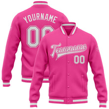 Load image into Gallery viewer, Custom Pink White Bomber Full-Snap Varsity Letterman Jacket

