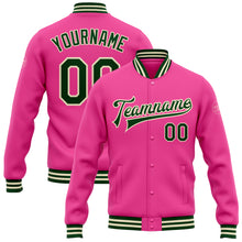 Load image into Gallery viewer, Custom Pink Green-Cream Bomber Full-Snap Varsity Letterman Jacket
