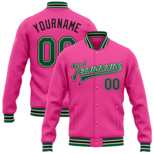 Load image into Gallery viewer, Custom Pink Kelly Green Cream-Black Bomber Full-Snap Varsity Letterman Jacket

