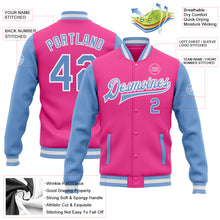 Load image into Gallery viewer, Custom Pink Light Blue-White Bomber Full-Snap Varsity Letterman Two Tone Jacket
